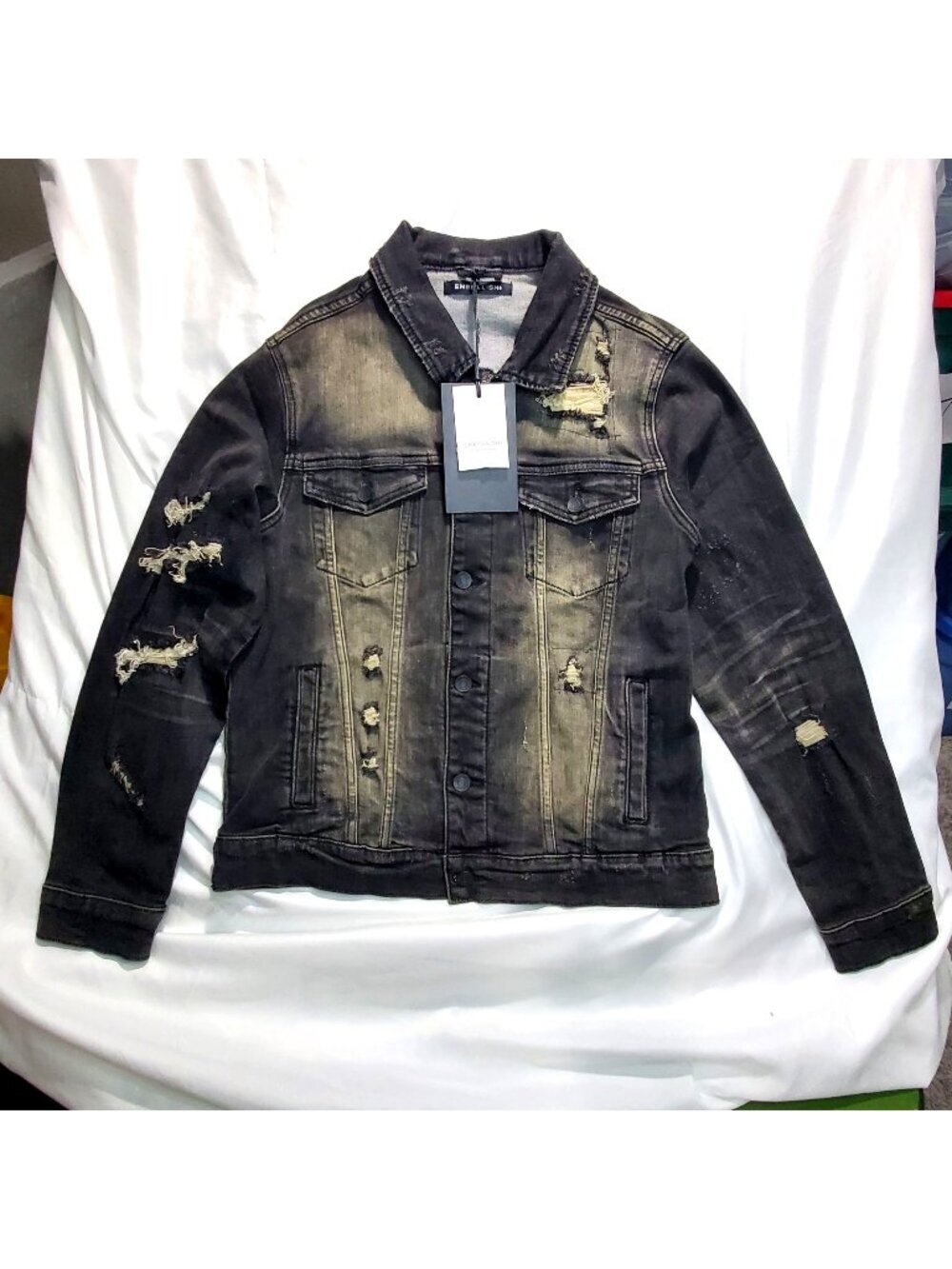 Embellish Designer Distressed Black Denim Jacket Mens Medium Casual Button-Up